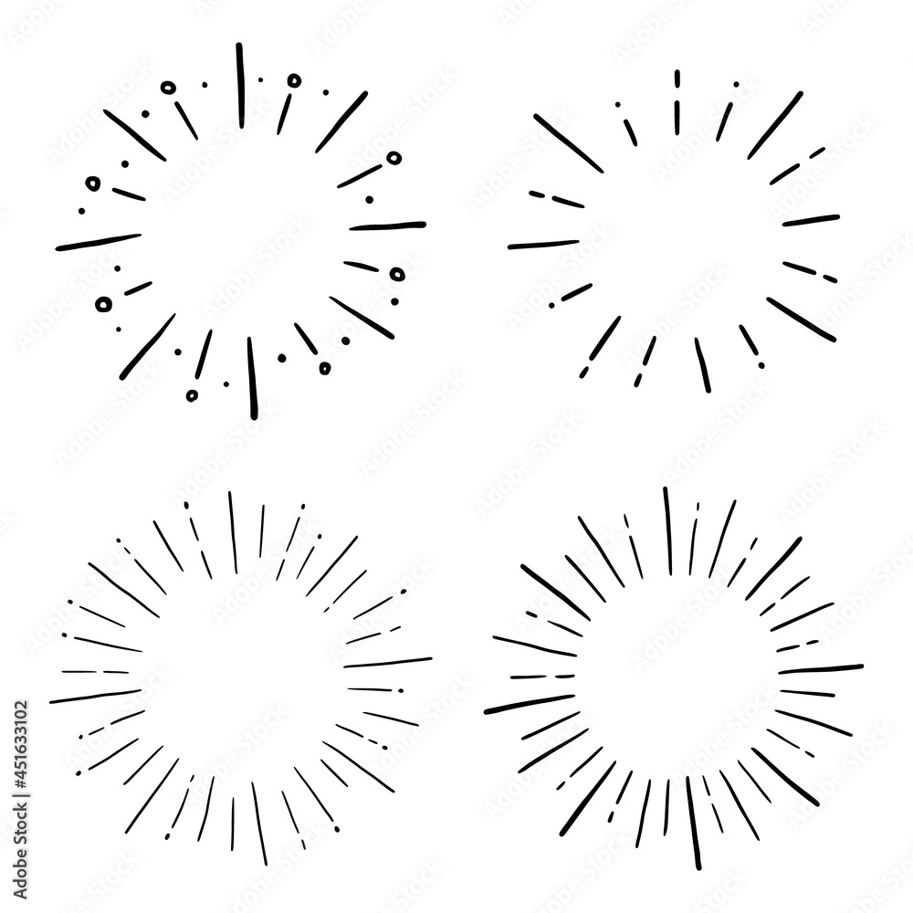 Fototapeta premium Doodle circle sunburst, sparkle ray set. Hand drawn sketch style. Shine frame symbol for badge. Vector illustration.