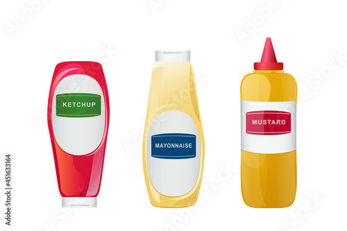 Ketchup, mayonnaise, mustard sauces in bottles set. Realistic vector illustration isolated on white background.