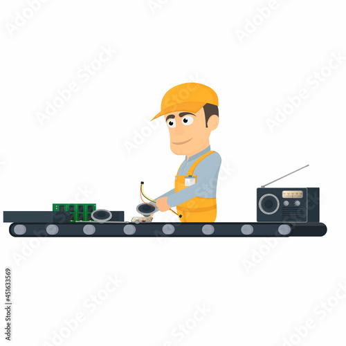 Worker on the conveyor. Assembly of electrical equipment, vector illustration