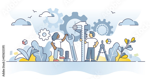 Mechanical engineering as physics and material science mix outline diagram. Architect mathematical and geometrical principles usage for manufacture and technology development vector illustration.