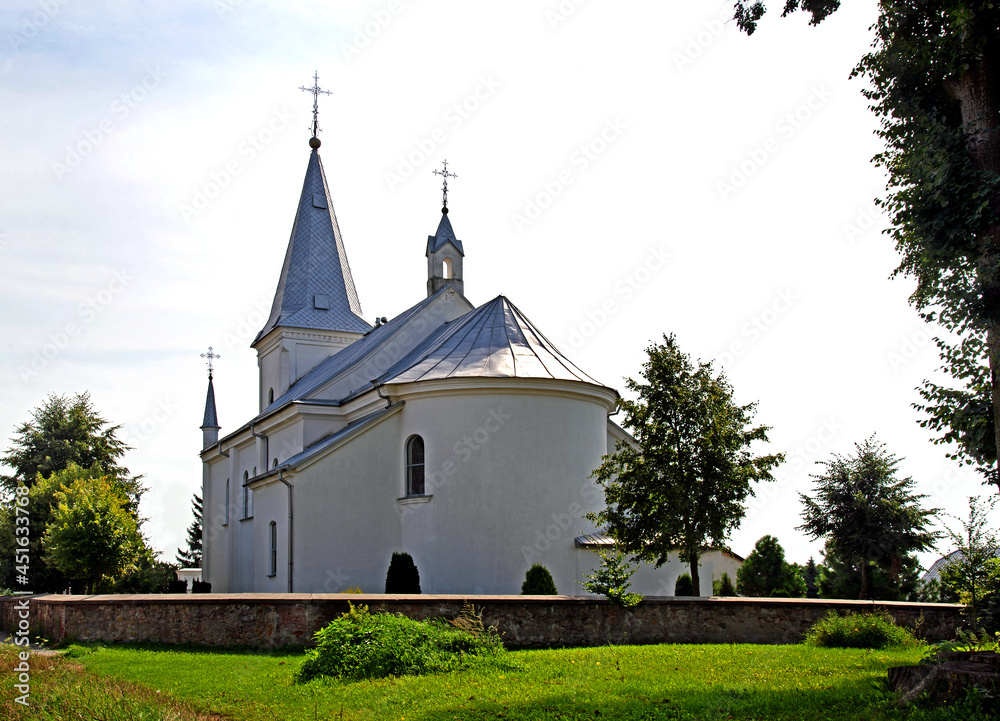 General view and architectural details of the Catholic Church of the Transfiguration of the Lord built in 1880 in the neo-baroque style in Wasilków in Podlasie, Poland.