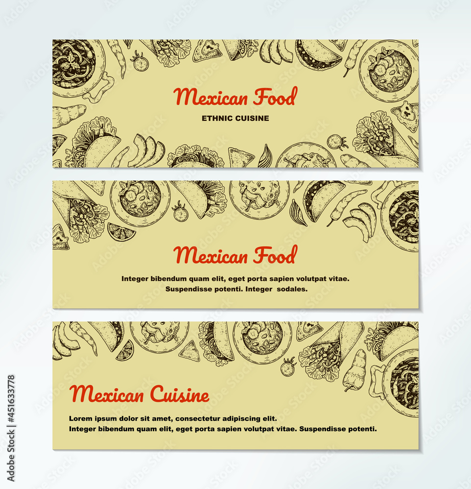 Set of and drawn Mexican food horizontal banners. Vector illustration in sketch style