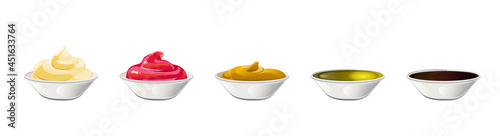 Big sauce in bowls set. Soy, Olive Oil, Mustard, Ketchup and Mayonnaise sauces. Condiment elements for food design.