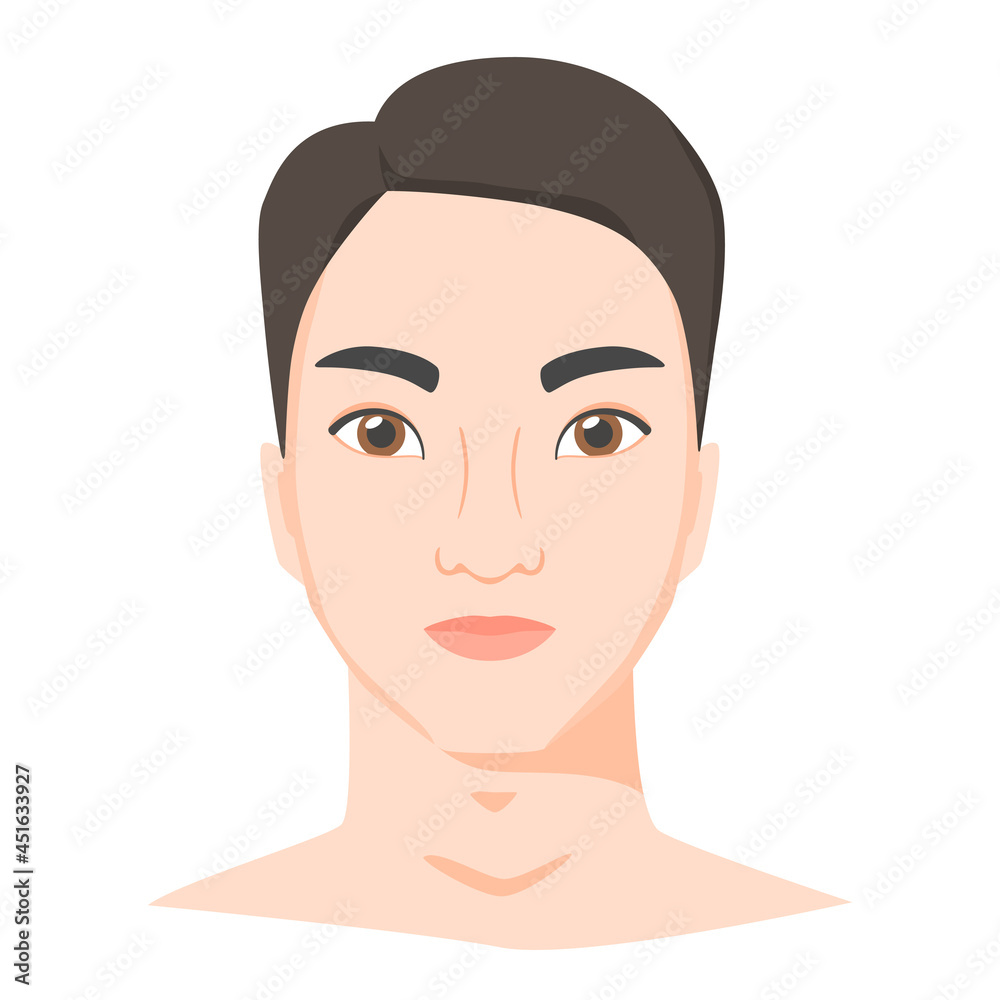 Young asian man face. Male portrait of brunette in flat style. Front view. Vector Young asian man face. Male portrait of brunette in flat style. Front view. Vector