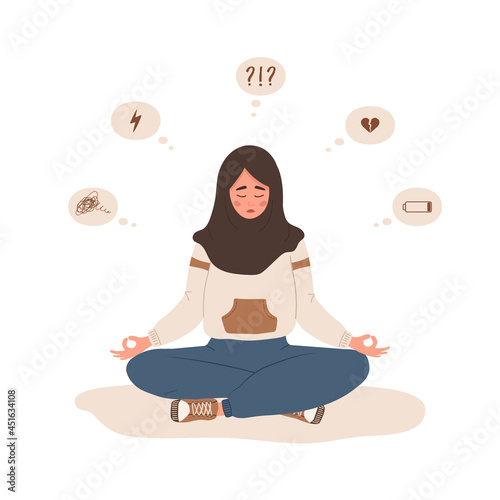 Mood disorder. Sad islamic woman sitting in lotus position. Mental health. Symptoms of schizophrenia or psychological diseases. Unhappy girl needs psychological help. Cartoon vector illustration.