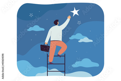 Businessman catching star, climbing ladder to sky. Flat vector illustration. Man striving for success, wishing professional heights, believing in himself. Career, hope, dream, achievement concept