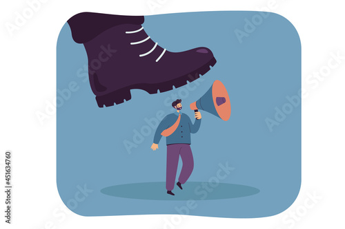 Giant boot stepping on tiny worker holding megaphone. Flat vector illustration. Cartoon businessman under big shoe of soldier. Army, freedom of speech, business, crush concept for banner design