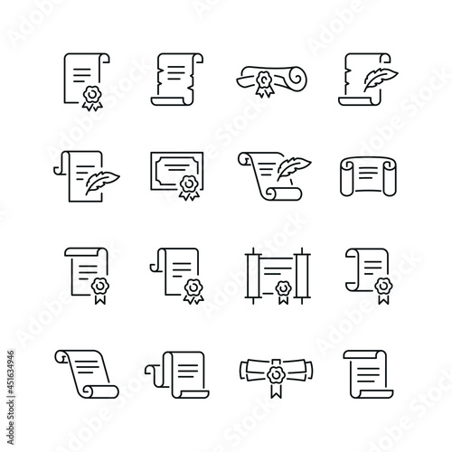 Paper scroll related icons: thin vector icon set, black and white kit