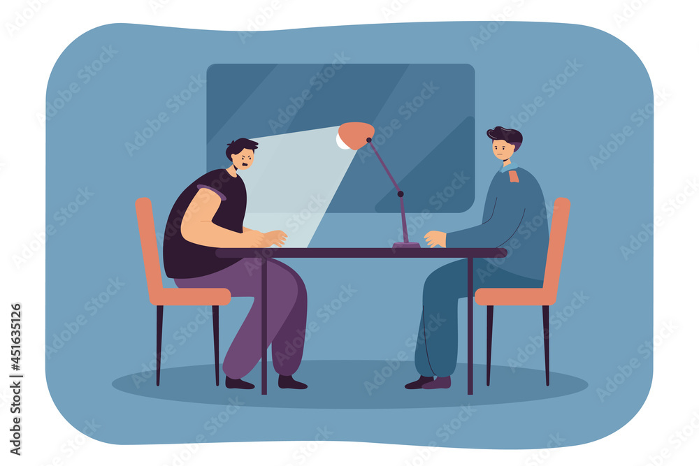 Police officer interrogating criminal in dark room. Flat vector illustration. Suspect sitting at table under light of lamp with one-way mirror in background. Crime, psychology, law violation concept