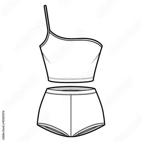 Set of lingerie - One shoulder cami bra and control briefs panties technical fashion illustration with high waist, crop length. Flat template front white color style. Women men unisex underwear CAD