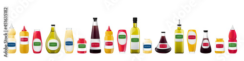 Big sauce in bottles set. Soy, Olive Oil, Mustard, Ketchup and Mayonnaise sauces. Condiment elements for food design.