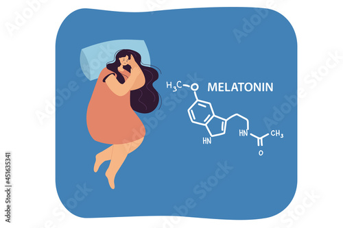 Cartoon sleeping woman and melatonin structure drawn nearby. Flat vector illustration. Hormone growth, white chemical formula on dark background. Science, medicine, insomnia, rest, health concept photo