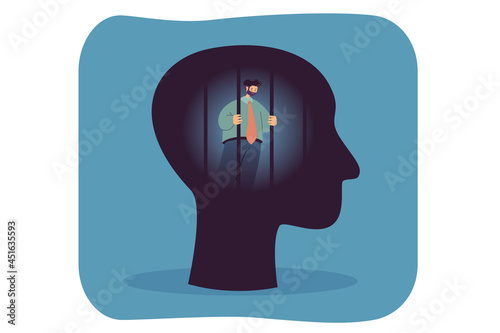 Prison of mind flat vector illustration. Abstract human head, struggling businessman imprisoned inside, human behind bars. Freedom of thoughts, slavery, depression, powerless spirit, obstacle concept