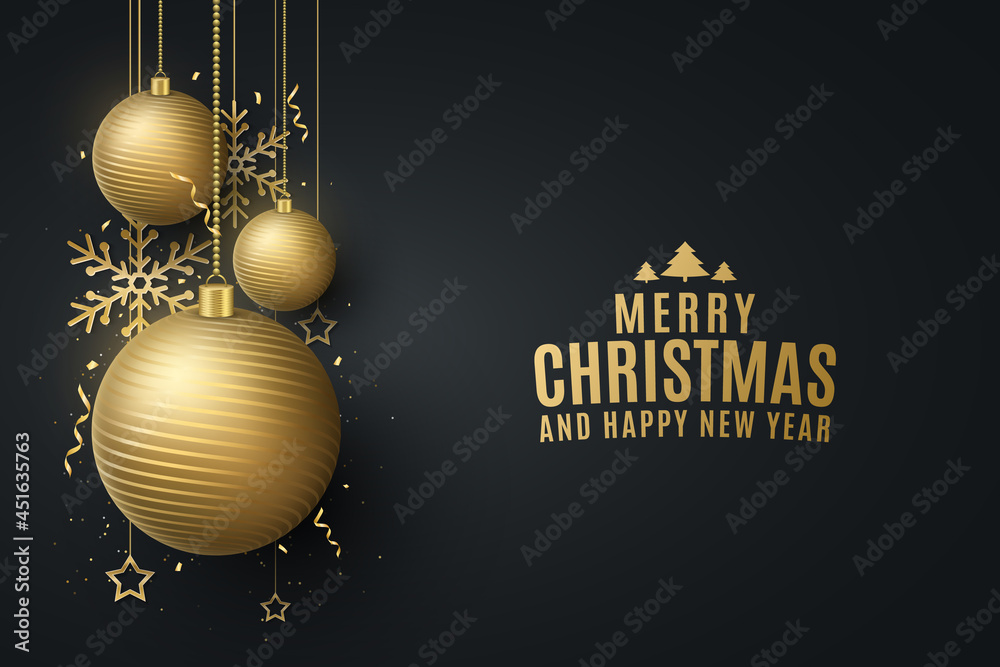 Christmas and New Year design card with decorations of golden hanging balls, confetti, snowflakes, stars. Celebration cover, template, party poster or flyer. Vector illustration Christmas and New Year design card with decorations of golden hanging balls, confetti, snowflakes, stars. Celebration cover, template, party poster or flyer. Vector illustration