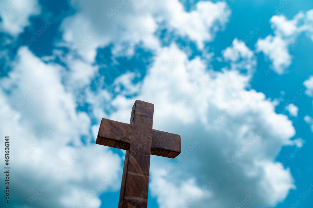 Blue Sky Background Wooden Cross