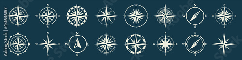 Vintage marine wind rose, nautical chart. Monochrome navigational compass with cardinal directions of North, East, South, West. Geographical position, cartography and navigation. Vector illustration.
