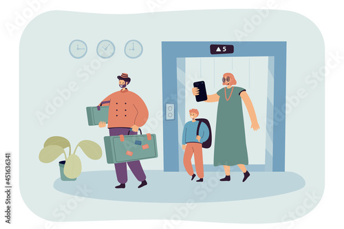 Cartoon family with suitcases exiting elevator. Flat vector illustration. Porter carrying suitcases, mom and son checking in or leaving hotel. Family, travel, hotel, service, hospitality concept