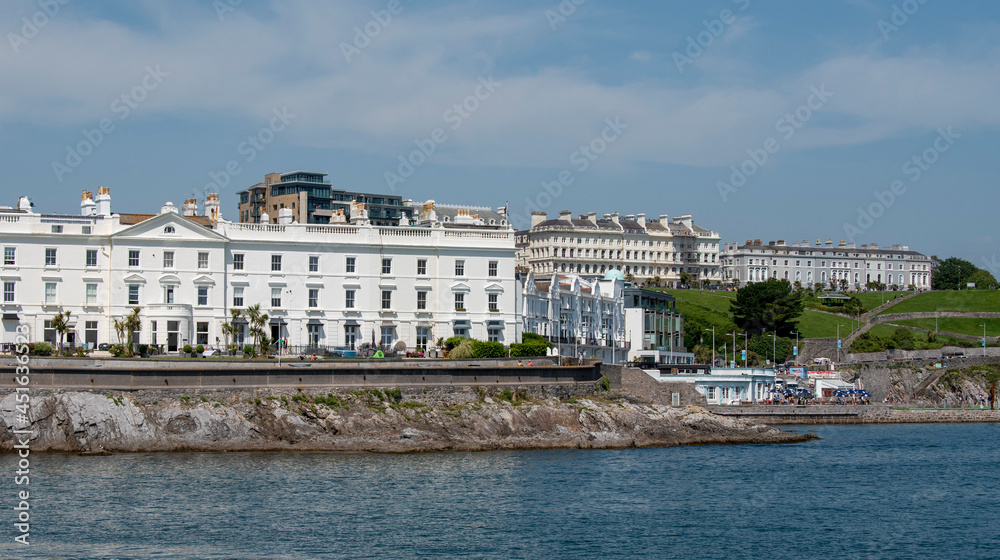 Plymouth, Devon, England, UK. 2021. View of the West Hoe and Plymouth Hoe area of Plymouth from Plymouth Sound.