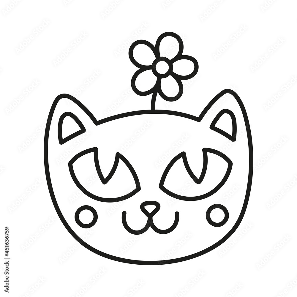 Fototapeta premium Cute cat face with flower. Funny summer illustration. Isolated vector black and white silhouette