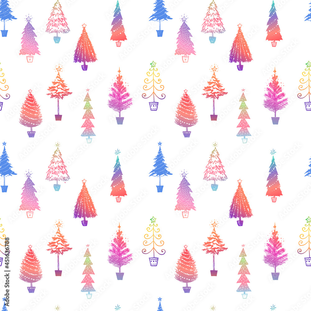 Seamless pattern with hand drawn rainbow doodle christmas trees. Can be used for wallpaper, pattern fills, textile, web page background, surface textures.