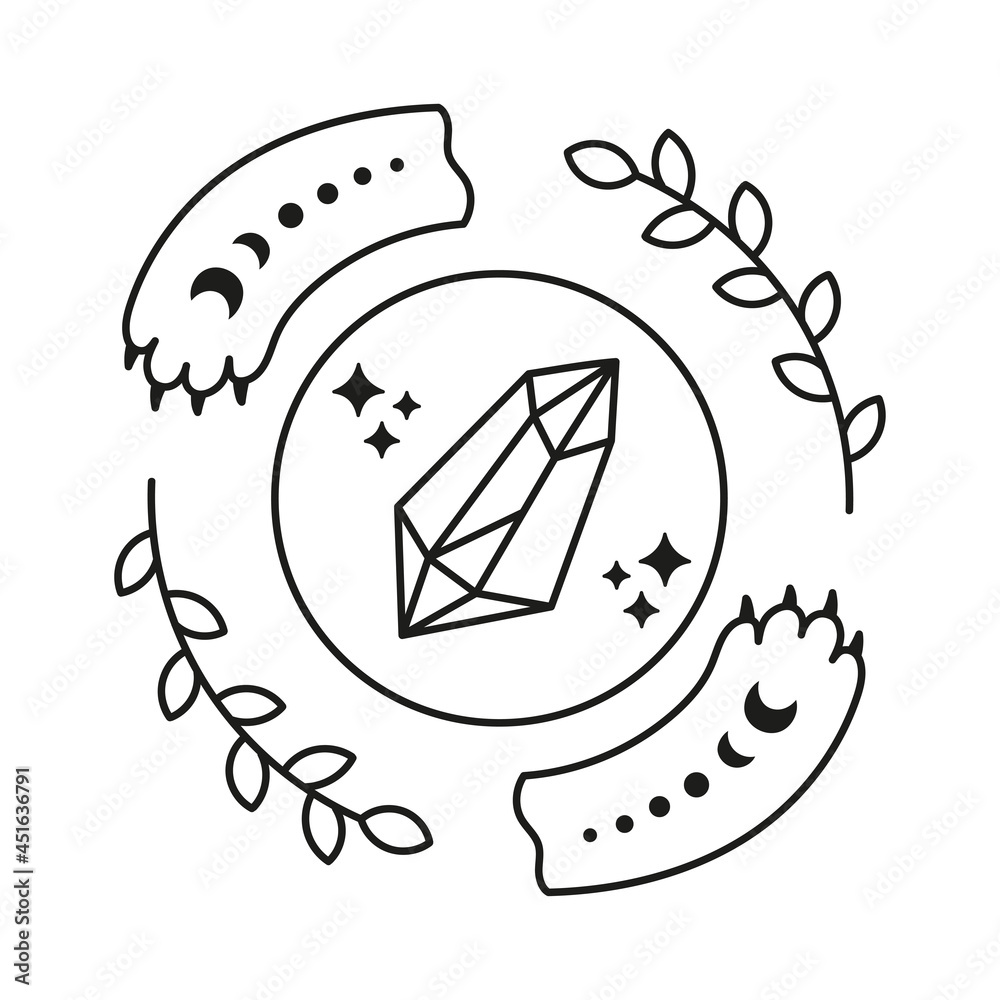 Cute magical ball with diamond crystal inside. Cute cat paws. Floral elements. T-shirt and card design. Isolated vector black and white illustration. Outlined style Cute magical ball with diamond crystal inside. Cute cat paws. Floral elements. T-shirt and card design. Isolated vector black and white illustration. Outlined style