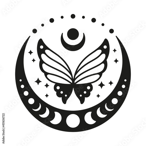 Night butterfly with moon. Moon phases. Mystical lunar illustration. Vector black and white silhouette