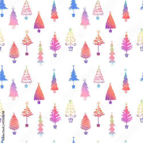 Seamless pattern with hand drawn rainbow doodle christmas trees. Can be used for wallpaper, pattern fills, textile, web page background, surface textures.
