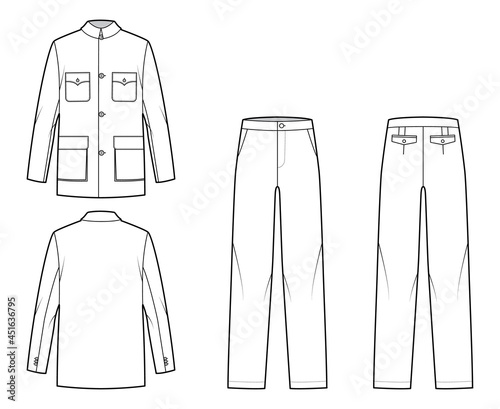 Set of Mao Suit tunic classic Pant and jacket technical fashion illustration with two - piece, single breasted, oversized. Flat apparel template front, back, white color. Women, men, unisex CAD mockup