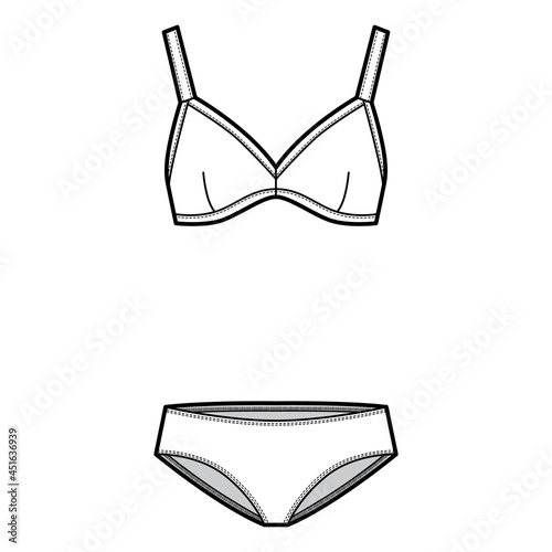 Set of swimwear lingerie - soft cup bra and hipsters panties technical fashion illustration. Flat brassiere knickers template front white color style. Women men unisex underwear CAD mockup