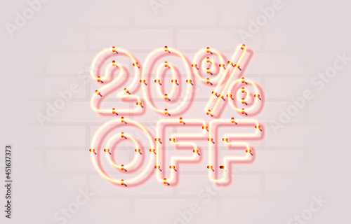 Neon 20 off sale banner. Sign board promotion. Vector