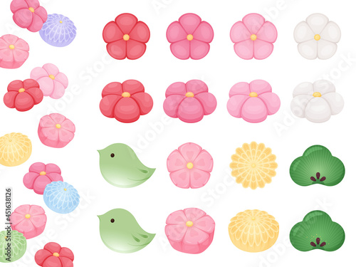 和菓子のイラスト素材セット_ねりきり_梅_桜_鶯