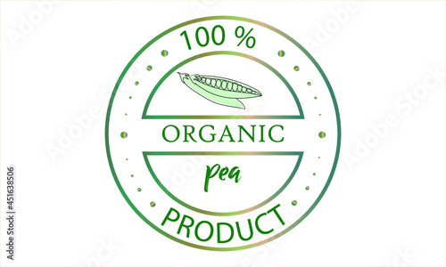 Vector illustration of organic food with pea logo and inscription.