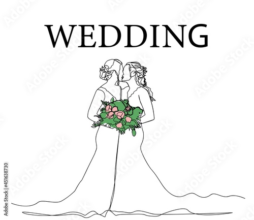 Two women in wedding dresses are getting married, holding a bouquet of flowers. One line art. The inscription wedding. Pink flowers with green leaves in a bouquet.