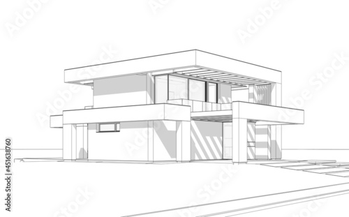 3d rendering of modern cozy house with pool and parking for sale or rent in luxurious style. Black line sketch with soft light shadows on white background