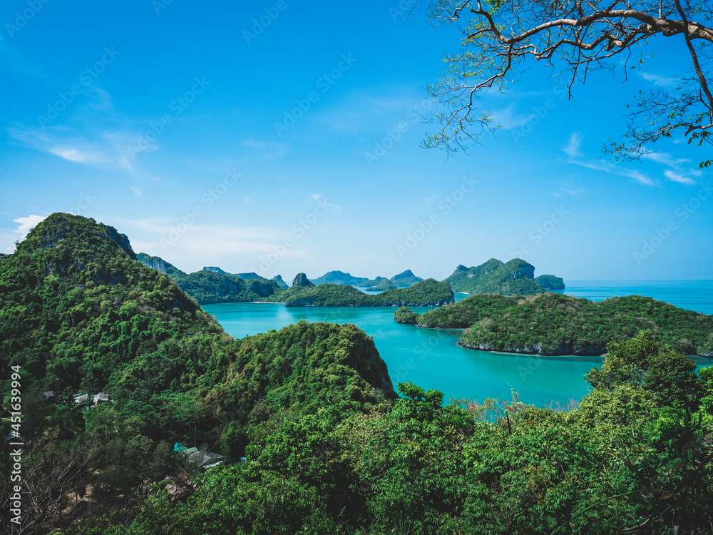High angle view of stunning islands with emerald green water. Wua Ta Lap Island, Mu Koh Ang Thong National Marine Park, near Samui, Thailand.