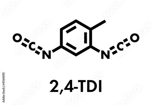 Toluene diisocyanate (TDI, 2,4-TDI) polyurethane building block molecule. May be a carcinogen. Skeletal formula.