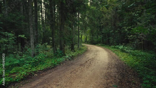 Walk along a forest dirt road in the Gauja National Park. There is a post on the side of the road with a signpost for the walking route. Popular place for outdoor activities in Latvia