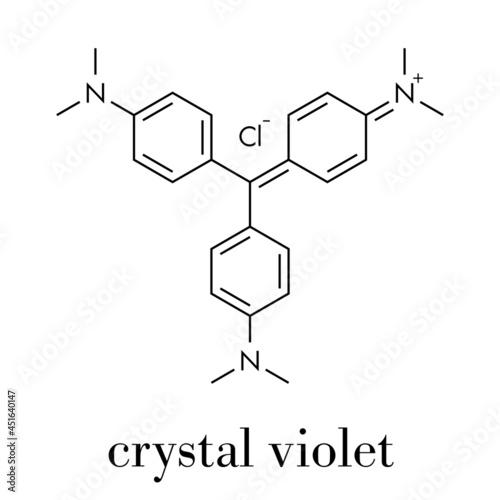 Crystal violet (gentian violet) molecule. Dye molecule used in Gram staining. Skeletal formula.