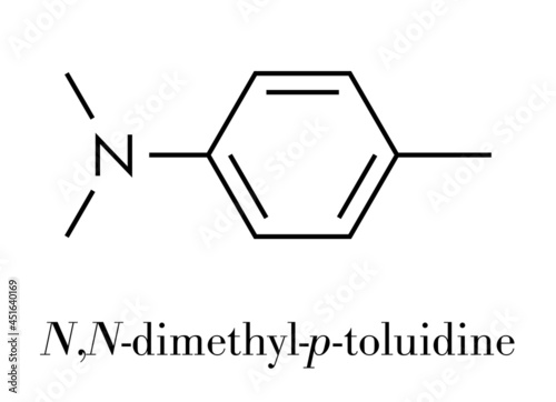 N,N-dimethyl-p-toluidine (DMPT) molecule. Commonly used as catalyst in the production of polymers and in dental materials and bone cements. Skeletal formula.