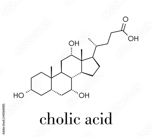 Cholic acid (cholate) molecule. Main bile acid component. Skeletal formula.