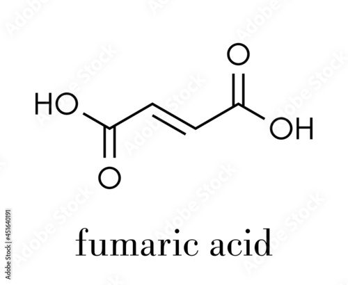Fumaric acid molecule. Found in bolete mushrooms, lichen and iceland moss and used as food additive. Skeletal formula.