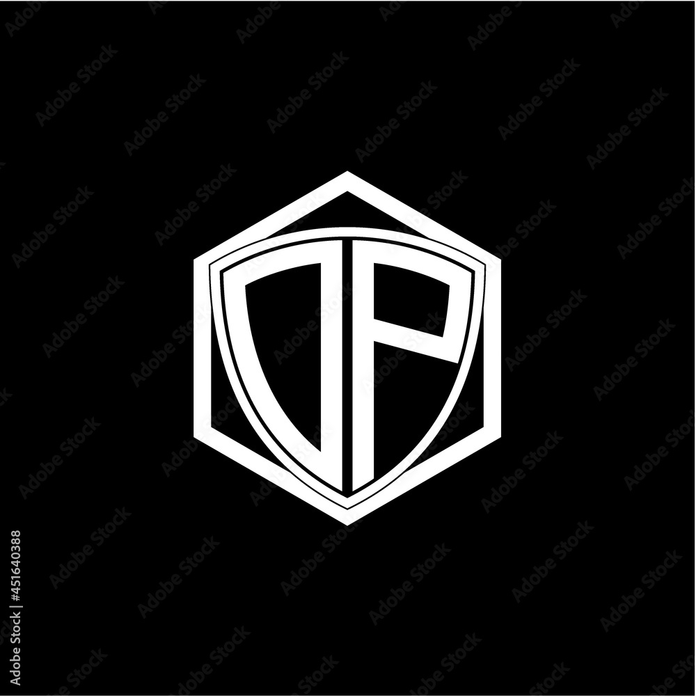 initial letter O P shield with hexagon frame initial letter O P shield with hexagon frame
