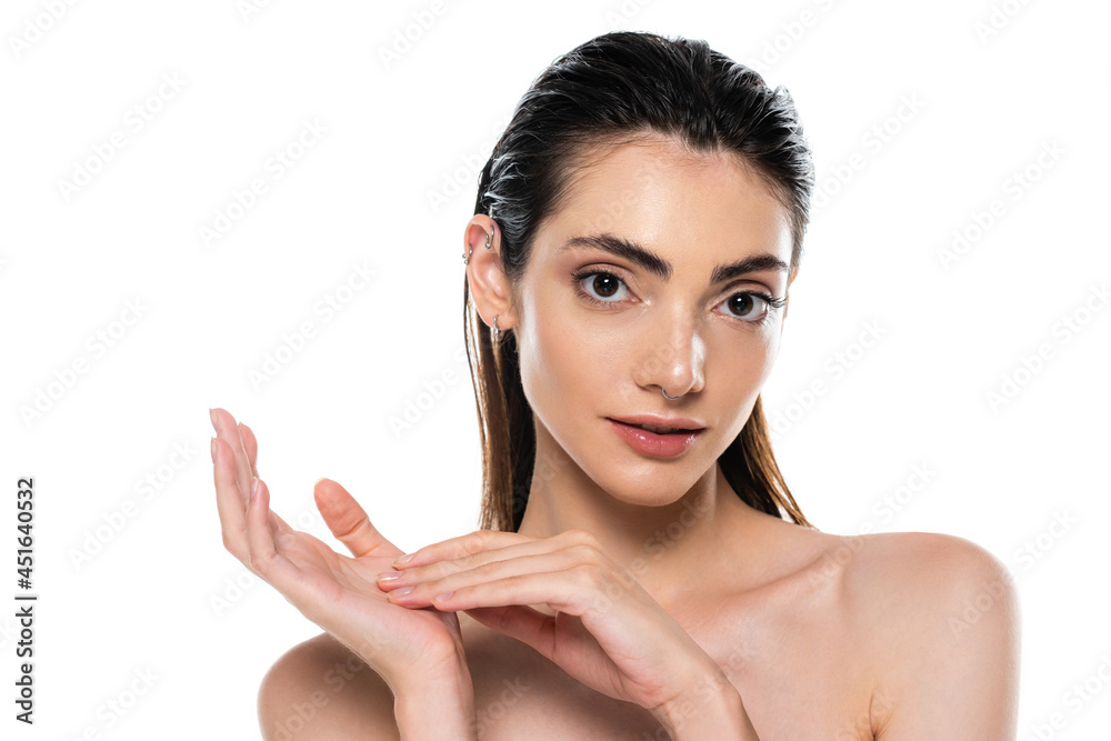 young pretty woman posing and looking at camera isolated on white young pretty woman posing and looking at camera isolated on white