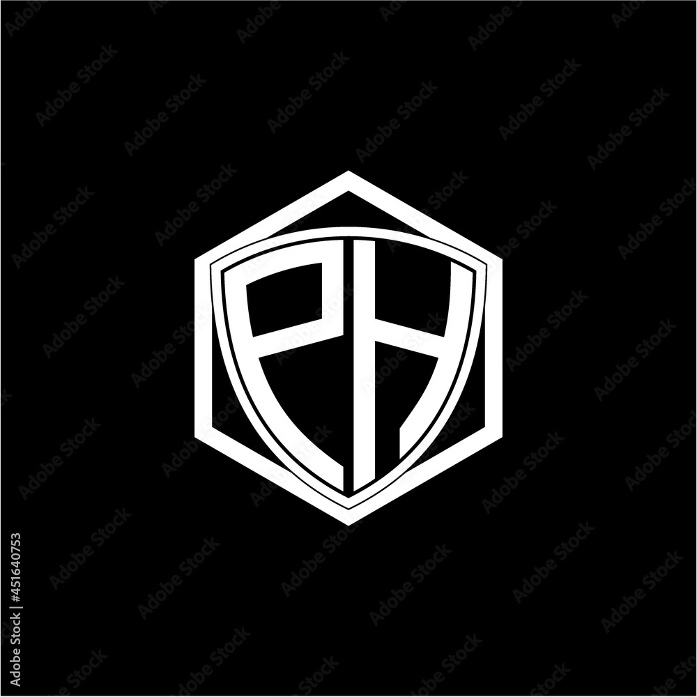 initial letter P H shield with hexagon frame initial letter P H shield with hexagon frame