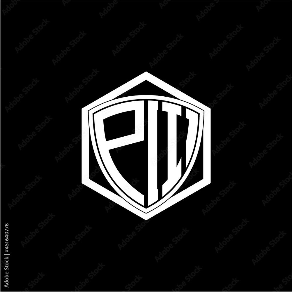 initial letter P I shield with hexagon frame