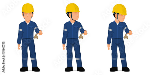 set of industrial worker is operating ball valve.