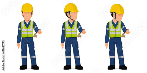 set of industrial worker is operating ball valve.