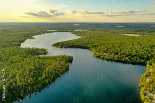 Aerial view of the beautiful blue lake in Siberia