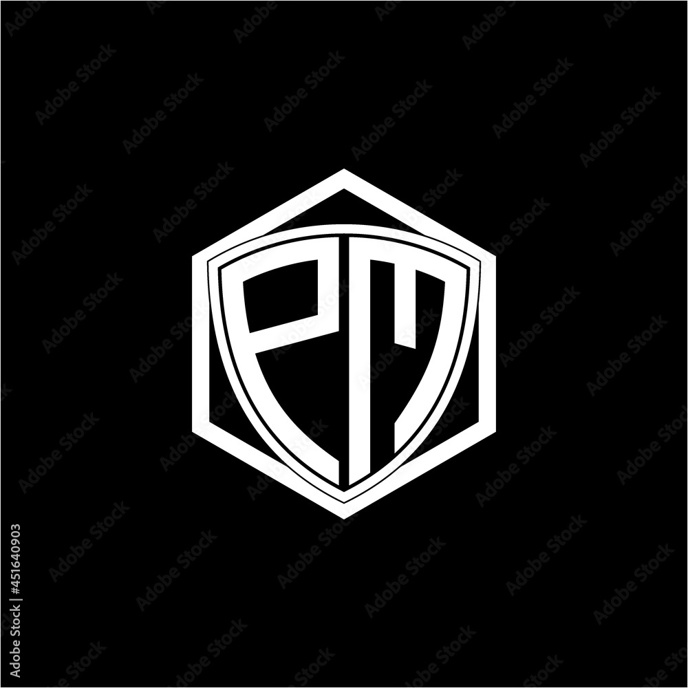 initial letter P M shield with hexagon frame initial letter P M shield with hexagon frame