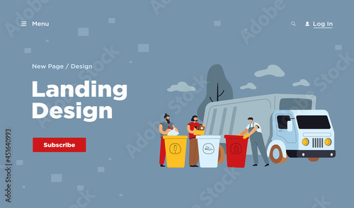 Garbage truck arriving to take disposal containers with waste and refuse. Men sorting rubbish and trash in bins and dumpsters. Vector illustration for recycle, environment concept